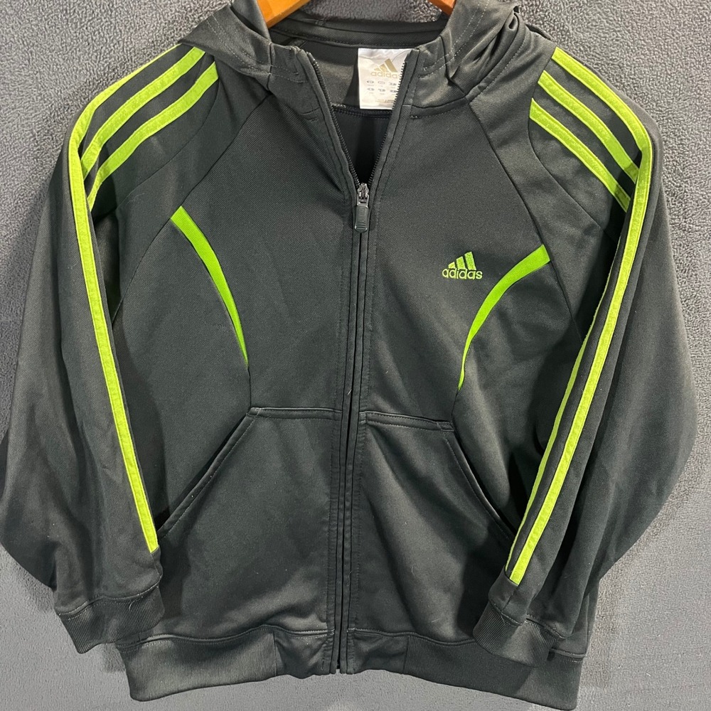 Adidas Boys Track Jacket Black Neon Green Full Zip Hoodie Size S 8-10